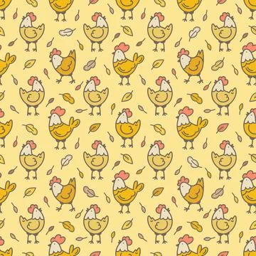 Vector seamless pattern chickens, autumn leaf fall. Doodle farm birds and leaves Stock Illustration