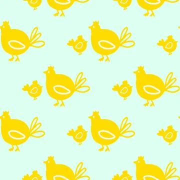 Vector Seamless pattern Chickens bird yellow color on blue background Stock Illustration