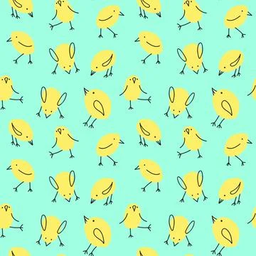Vector seamless pattern with chicks on a blue background Stock Illustration