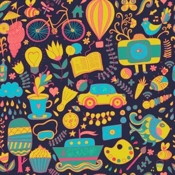 Vector seamless pattern, childish doodles. pattern ,set of different school,  Stock Illustration