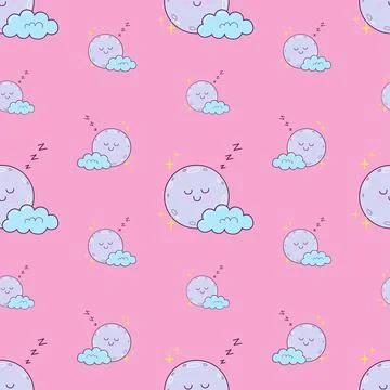Vector seamless pattern for children with cute character of cloudy moon on pi Stock Illustration