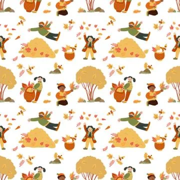Vector seamless pattern with children playing with autumn leaves. Stock Illustration