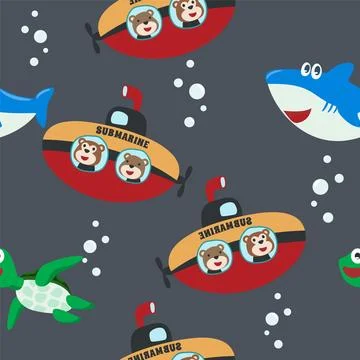 Vector seamless pattern for children's design, submarine with cute sailor, Stock Illustration