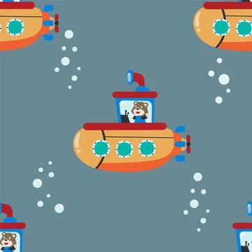 Vector seamless pattern for children's design, submarine with cute sailor Stock Illustration