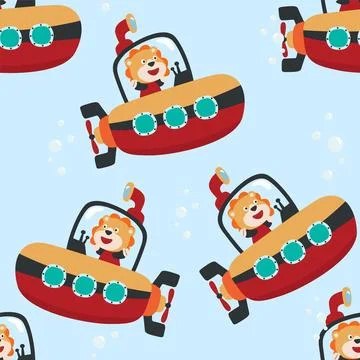 Vector seamless pattern for children's design, submarine with cute sailor 스톡 일러스트