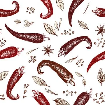 Vector seamless pattern with chili pepper and spices. Stock Illustration