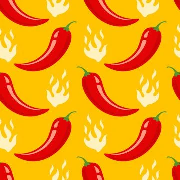 Vector seamless pattern of chilli pepper with fire. Vector pattern of  hot .. Stock Illustration
