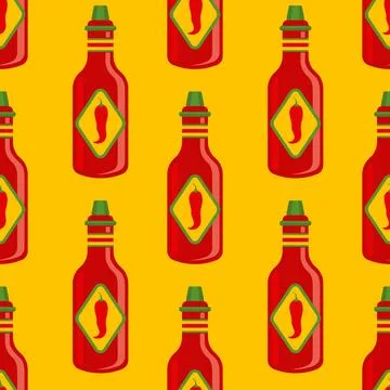 Vector seamless pattern of chilli spicy sauce. Vector pattern of bottle of .. イラスト素材