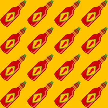 Vector seamless pattern of chilli spicy sauce. Vector pattern of bottle of .. 库存插图