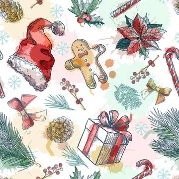 Vector seamless pattern with Christmas and New Year decor. Sketch hand drawn 스톡 일러스트