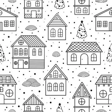 Vector Seamless pattern for Christmas cards with hand drawn winter tree, house Illustrazione stock