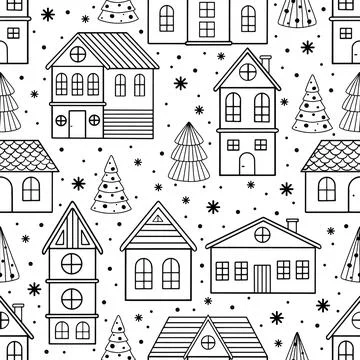 Vector Seamless pattern for Christmas cards with hand drawn winter tree, house Stock Illustration