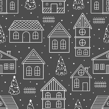 Vector Seamless pattern for Christmas cards with hand drawn winter tree, house Illustrazione stock