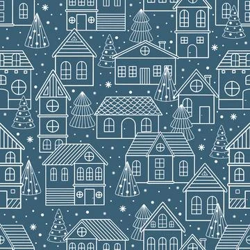 Vector Seamless pattern for Christmas cards with hand drawn winter tree, house イラスト素材