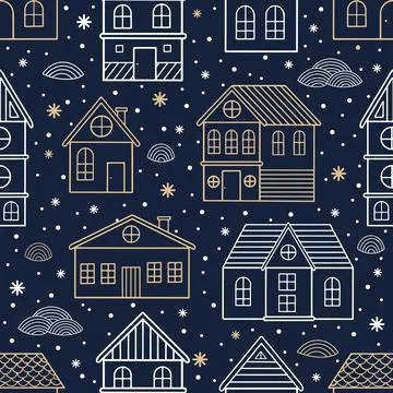 Vector Seamless pattern for Christmas cards with hand drawn winter tree, house Illustrazione stock