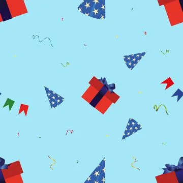 Vector seamless pattern of Christmas colorful gift boxes, Christmas caps and Stock-Illustration