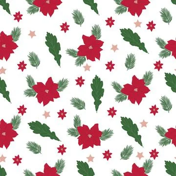 Vector seamless pattern with Christmas decor, spruce branches and flowers Stock Illustration