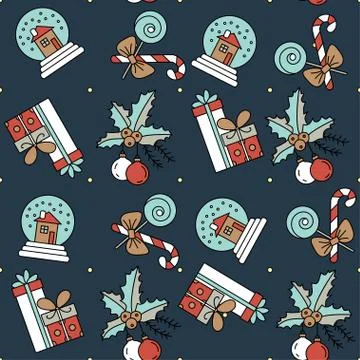 Vector seamless pattern with Christmas decorations and gifts Stock Illustration