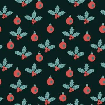 Vector seamless pattern of Christmas evergreen holly leaves and Christmas bal Stock Illustration