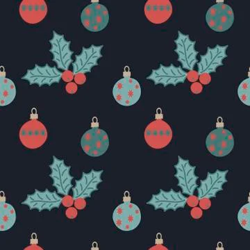 Vector seamless pattern of Christmas evergreen holly leaves and Christmas bal Stock Illustration