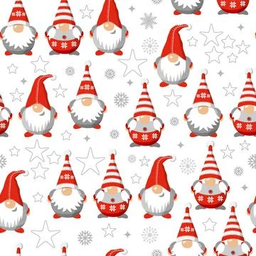 Vector seamless pattern christmas gnomes isolated on white. Cartoon charact.. Stock Illustration