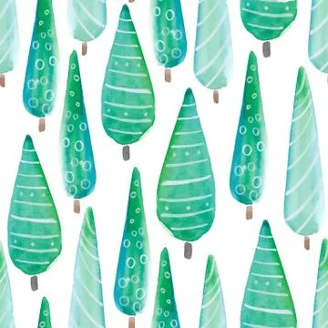 Vector seamless pattern: christmas green watercolor trees. Hand-drawn Stock-Illustration