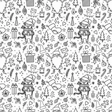 Vector seamless pattern with Christmas illustrations. Cute characters and ele Stock Illustration