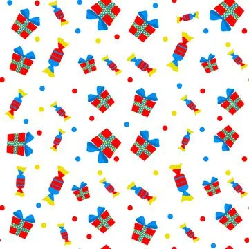 Vector seamless pattern of Christmas items. candy and gifts are printed on Stock Illustration
