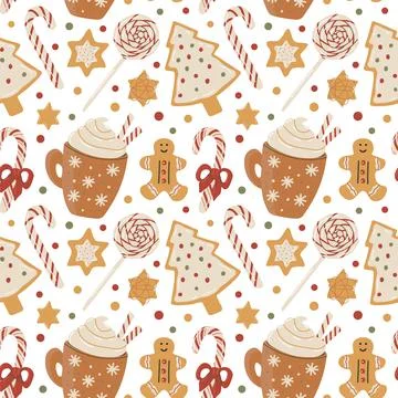 Vector seamless pattern with Christmas mug, Christmas pastries and Christmas Stock Illustration