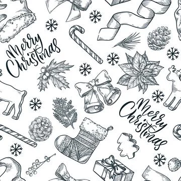 Vector seamless pattern with Christmas, New Year decoration. Sketch hand draw Stock Illustration