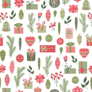 Vector seamless pattern of christmas plants, christmas toys, plants and flowe Illustrazione stock