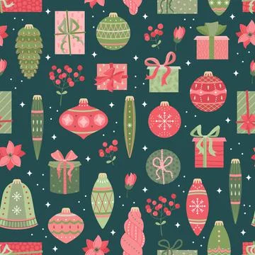 Vector seamless pattern of christmas plants, christmas toys, plants and flowe Stock Illustration