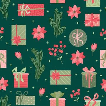 Vector seamless pattern of christmas plants, christmas toys, plants and flowe Stock-Illustration