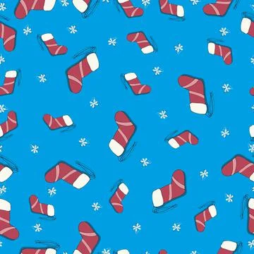Vector Seamless pattern with christmas red socks on a blue background. Stock Illustration