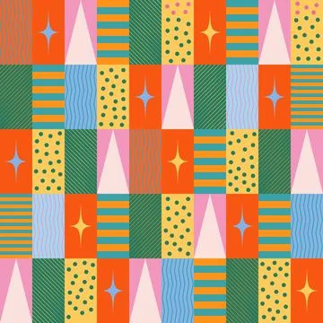 Vector seamless pattern for Christmas in retro graphic patchwork style. Vec.. Stock Illustration