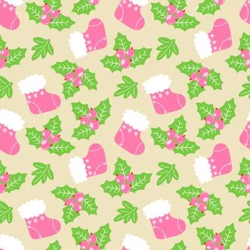 Vector seamless pattern with Christmas socks, holly and berries Stock Illustration