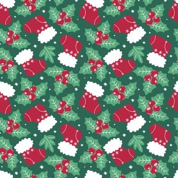 Vector seamless pattern with Christmas socks, holly, berries Stock Illustration