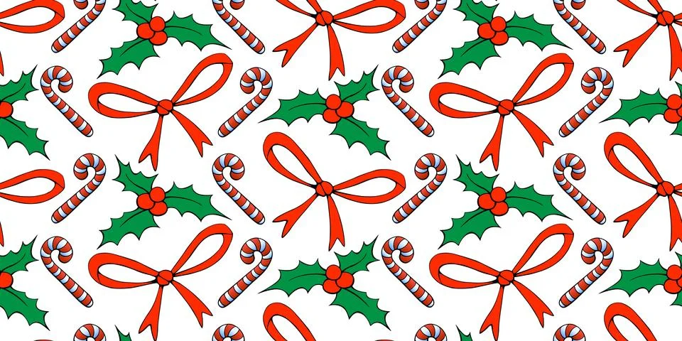 Vector seamless pattern of Christmas symbols in doodle flat style. Bright b.. 库存插图