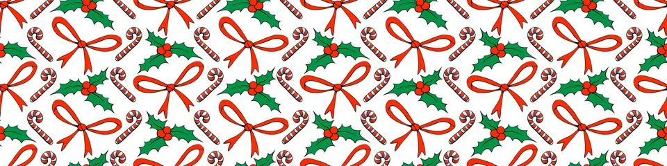 Vector seamless pattern of Christmas symbols in doodle flat style. Bright bac 库存插图