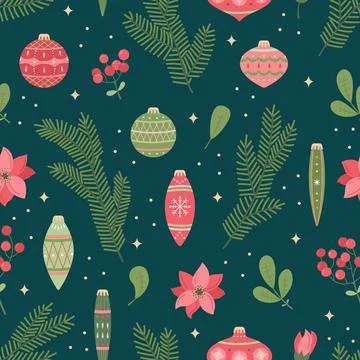 Vector seamless pattern with Christmas toys and plants. New Year's background Illustrazione stock