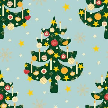 Vector seamless pattern with Christmas tree and snowflakes on blue background Stock Illustration