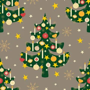 Vector seamless pattern with Christmas tree and snowflakes on grey background Stock Illustration
