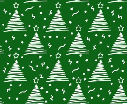 Vector Seamless pattern with Christmas trees. confetti on dark green Stock Illustration