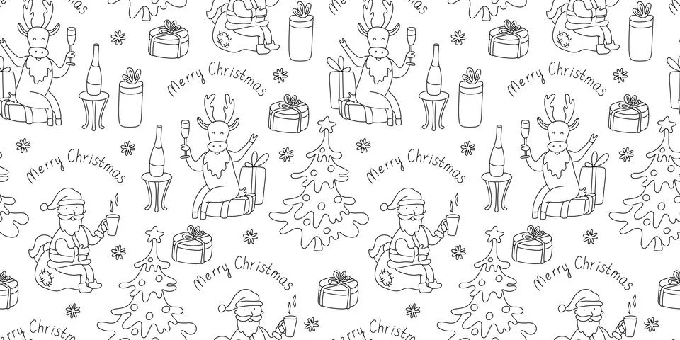 Vector seamless pattern with Christmas trees, deers and Santa. Stock Illustration
