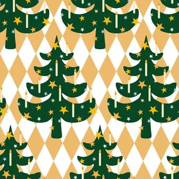 Vector seamless pattern with Christmas trees in gold diamonds background 库存插图