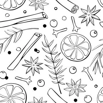 Vector seamless pattern of Christmas winter outline spices in doodle style. X Stock Illustration