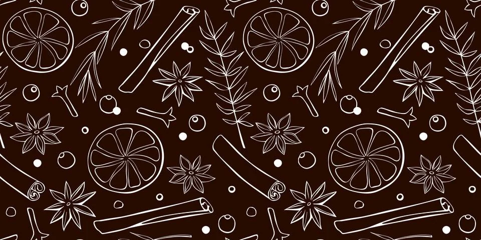 Vector seamless pattern of Christmas winter outline spices in doodle style. X 스톡 일러스트