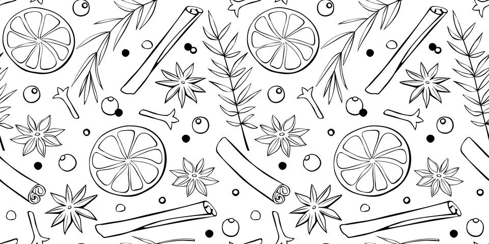 Vector seamless pattern of Christmas winter outline spices in doodle style. X Stock Illustration