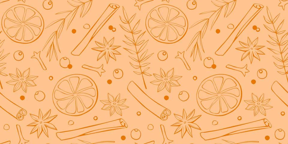 Vector seamless pattern of Christmas winter outline spices in doodle style. X Stock Illustration