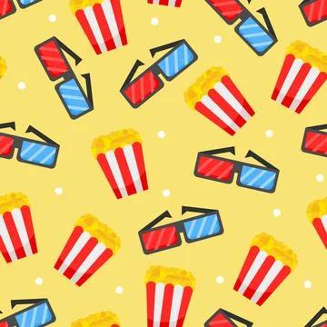 Vector seamless pattern with cinema symbols. Popcorn and 3d glasses Ilustración de archivo